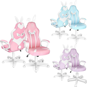 A set of three pastel gaming chairs in pink, light blue, and light purple with adorably cute bunny ears and puff tails.