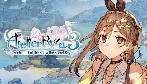 Nintendo Switch game title screen for Atelier Ryza 3: Alchemist of the End and the Secret Key. The image shows the protagonist, Ryza, over a scenic background of cliffs and water.