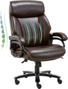 A dark brown chair with lines showing how the rounded backrest gives premium lumbar support.