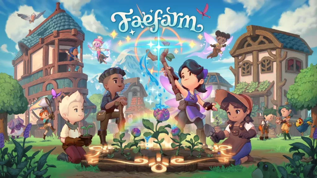 Nintendo Switch game title screen for Fae Farm. It shows four adventurers standing triumphantly around a fountain in a magical medieval townscape.