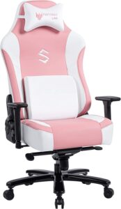 A cute, pink, racing-style gaming chair sits on a black support with wheels. The chair features a white head pillow, a white back pillow for lumbar support, and black armrests. The pink chair has white racing-style stripes.