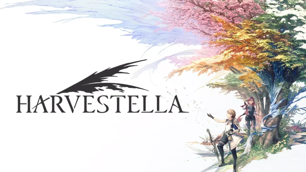 Nintendo Switch game title screen for Harvestella. The game title is bordered on the top side by wing-like, leaf-like shapes pointed to the right. On the right are some of the characters under multicolored trees to represent different seasons.