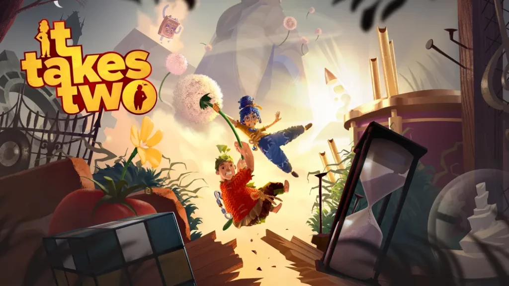 Nintendo Switch game title screen for It Takes Two. It shows the two main characters flying over some discarded items.