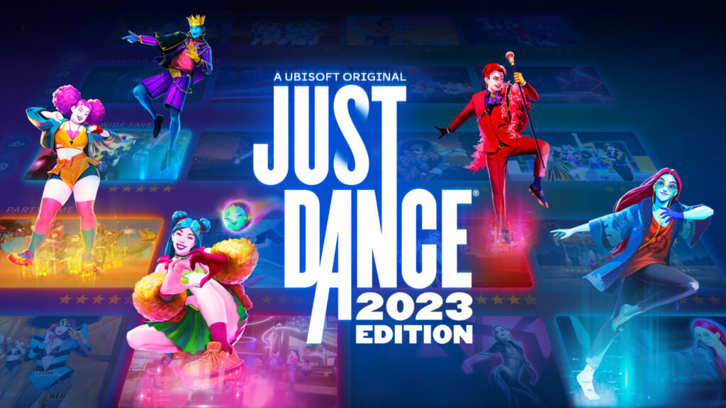 Nintendo Switch game title screen for Just Dance 2023. It shows 5 characters from the game in reflective neon outfits spread across the screen. The game's title is in the center.