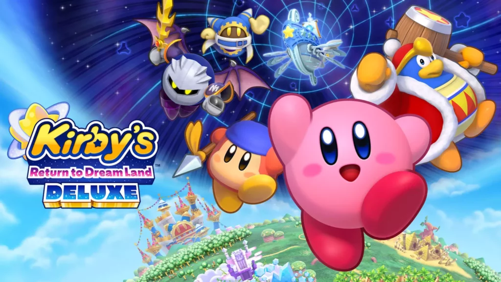 Nintendo Switch game title screen for Kirby's Return to Dream Land Deluxe. It shows characters of the game like Kirby, Meta Knight, and King Deedeedee on top of a green land orb while a dark blue hole sucks some of the characters in from behind.