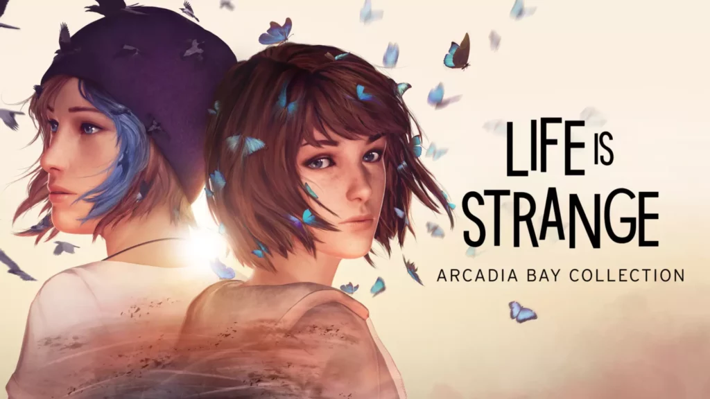 Nintendo Switch game title screen for Life is Strange: Arcadia Bay Collection. The image shows a girl with blue hair and a beanie beside a girl with brown hair surrounded by butterflies. The two are backlit by a pale golden light.