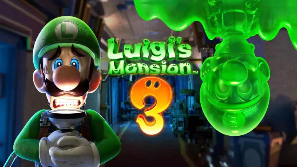 Luigi shines a flashlight in his face and wears a fearful expression. On the right, Gooigi hands upside down from the ceiling. The text reads Luigi's Mansion 3.