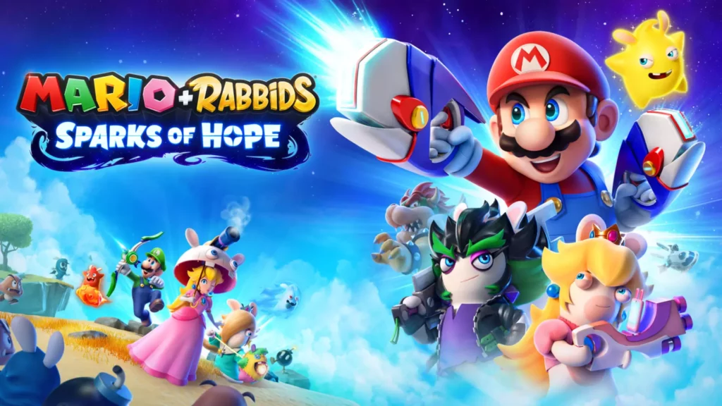 Nintendo Switch game title screen for Mario + Rabbids: Sparks of Hope. The image features Mario heroically wielding an in-game weapon while surrounded by rabbids dressed like different Mario characters.