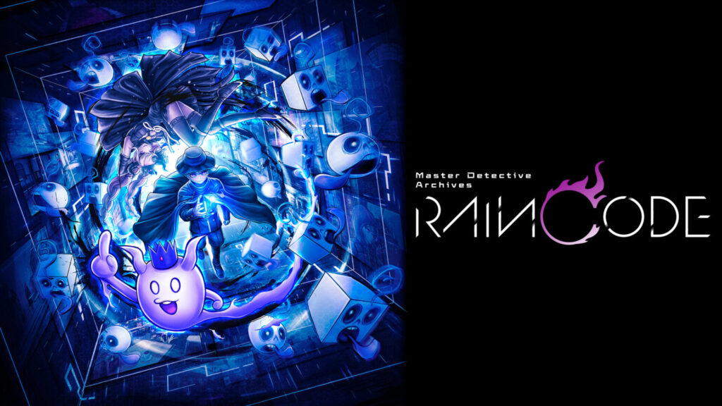 Nintendo Switch game title screen for Master Detective Archives: RainCode. The left of the image shows the protagonist in a swirl of blue-lit objects and a purple demon ghost. The right shows the title of the game on a black backdrop.