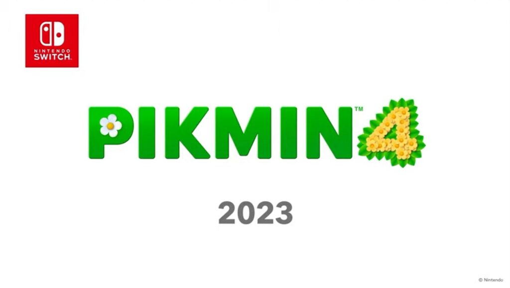 Nintendo Switch game title screen for Pikmin 4. The image shows the title of the game in green, and the 4 is made of yellow flowers and green leaves. The release date reads 2023. You can see the red Nintendo Switch logo in the top left-hand corner.