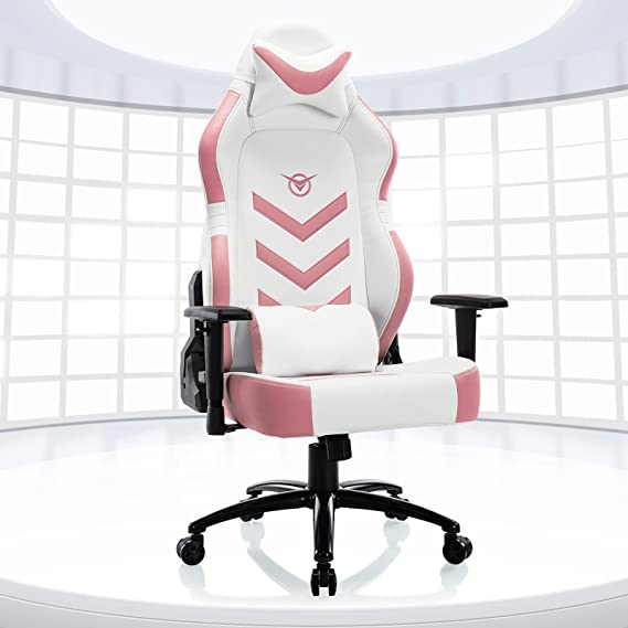 A cute white and pink gaming chair with a chevron backrest.