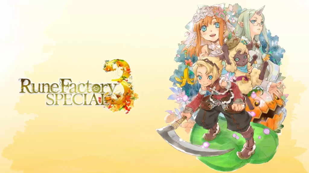 Nintendo Switch game title screen for Rune Factory 3 Special. It shows some of the game's characters over a yellowy watercolor backdrop.