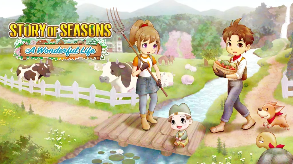 Nintendo Switch game title screen for Story of Seasons: A Wonderful Life. The image shows the female and male main characters alongside a baby, some cows, and a dog over a river bridge.