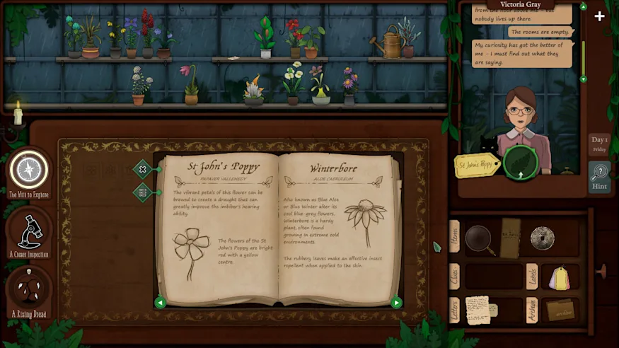 An image of the Switch game Strange Horticulture's gameplay shows shelves of plants, a desk with an open botany book, a toolbox for puzzle solving, and Simone the librarian requesting a St. John's Poppy.