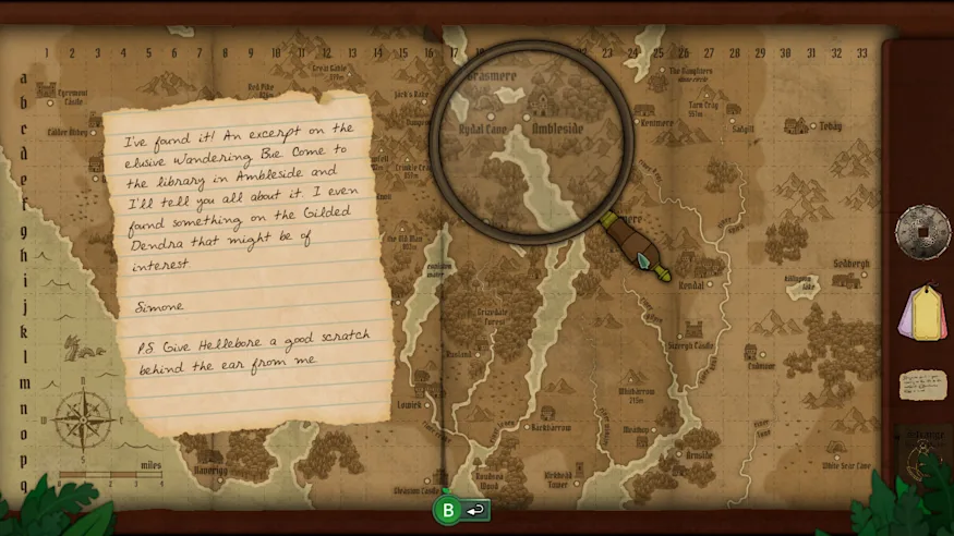 A note leading to a plant is shown on top of a map of Undermere and a magnifying glass in the game Strange Horticulture.