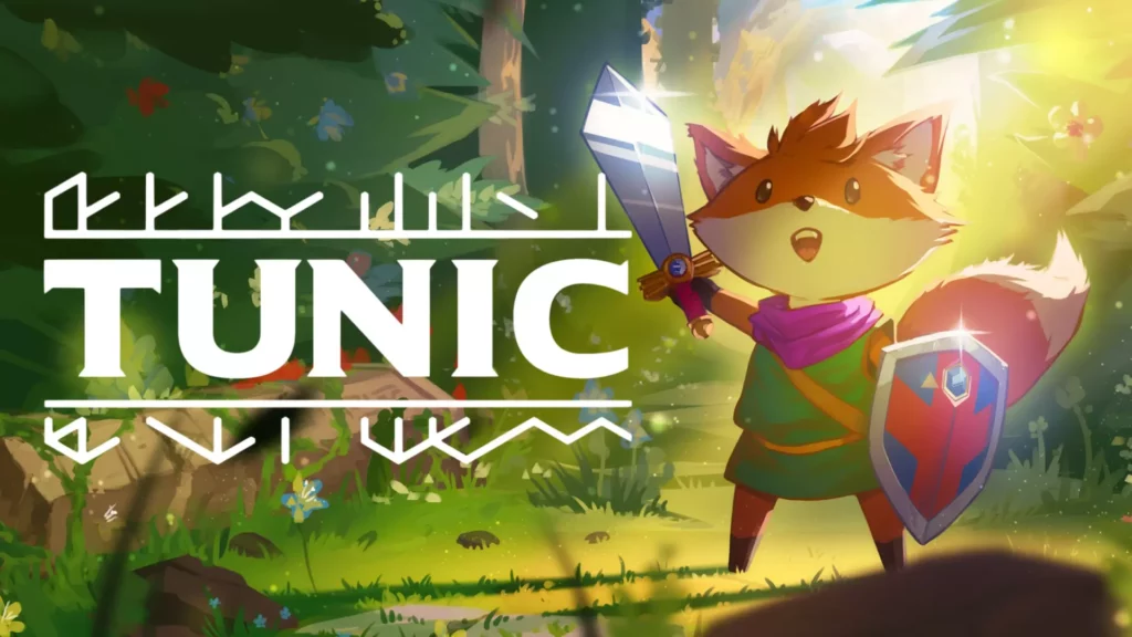 Nintendo Switch game title screen for Tunic. It shows the main character, a watercolor-style fox wearing a green tunic and holding a shield. in a green forest background