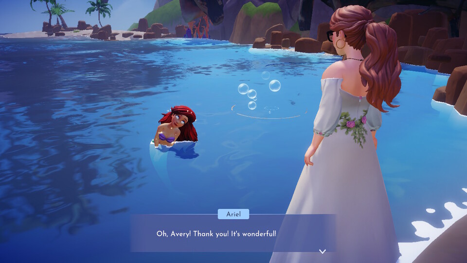 The protagonist, who has a red ponytail and wears a white floral gown, talks to Ariel from The Little Mermaid in the ocean. Ariel's eyes appear to be rolled in the back of her head.