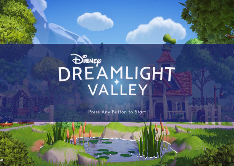 The Disney Dreamlight Valley Home Screen shows Goofy's house behind a pond.