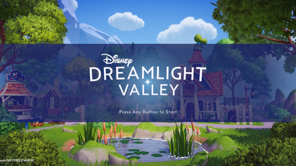 The Disney Dreamlight Valley Home Screen shows Goofy's house behind a pond.