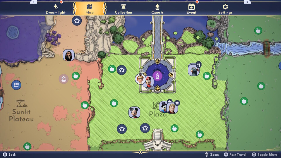 The map tab of the game's menu shows different biomes, characters walking throughout the valley, stalls, wishing wells, and more.