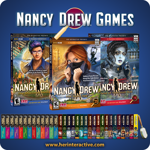 The box art is shown for three Nancy Drew games. They're bordered on the bottom by the spines of each game in the series, minus the most recent addition.