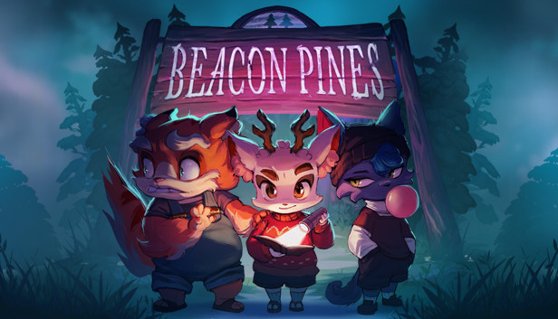 Three bipedal animal characters look fearful in a dark, foggy forest. The title on the sign behind them reads Beacon Pines.