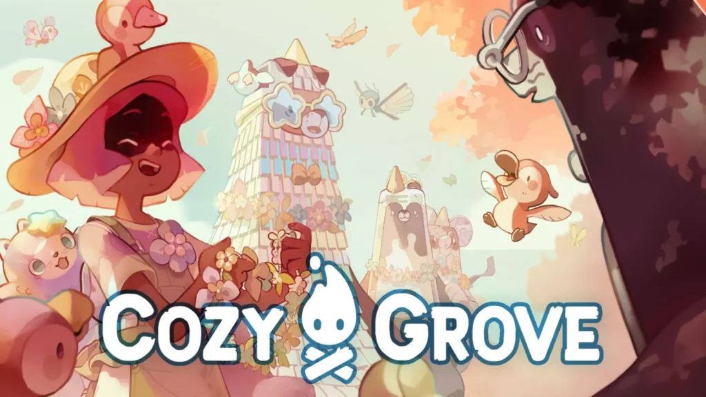 A variety of woodland characters gather around the protagonist. The text reads Cozy Grove, the title of the game.