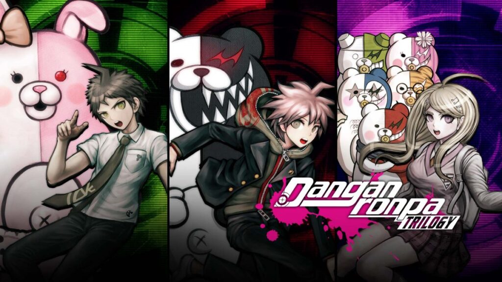 The image shows the three protagonists along with their respective villains from each game in the trilogy. The text reads Danganronpa Trilogy.