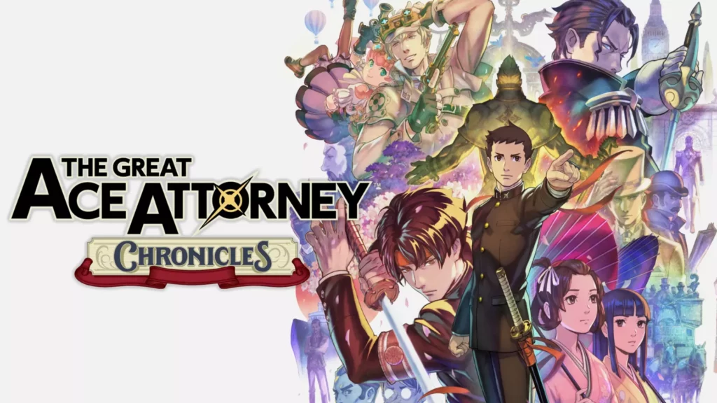 The image shows portraits of the game's characters blended together on the right. On the left, the text reads The Great Ace Attorney Chronicles.