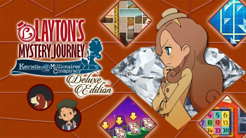 Examples of puzzles from the game are shown in diamond frames. The protagonist stands in a thinking position as she contemplates the puzzles. The title of the game is Layton's Mystery Journey: Katrielle and the Millionaires' conspiracy.