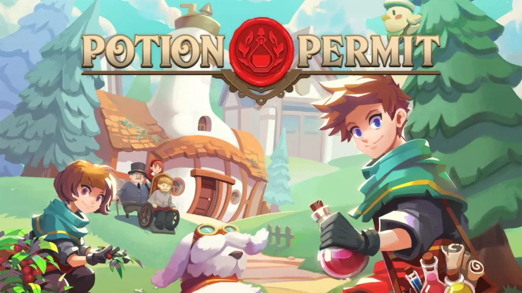 Two characters in green capes are shown over the background of an old rural townscape. They're holding potions and scrolls. A dog runs between them. The title reads Potion Permit.