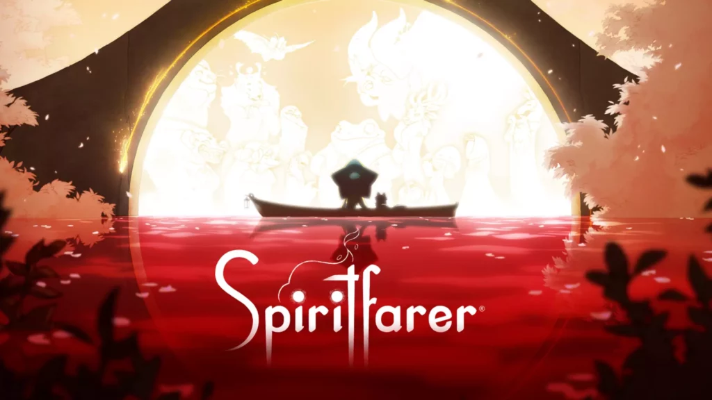 A boat floats on a red sea beneath an arched Japanese style bridge. The text reads Spiritfarer.