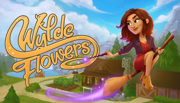 The female protagonist of the game, Tara, rides a broomstick over a rural farm town. Purple magic streaks show behind the broom. The title reads Wylde Flowers.